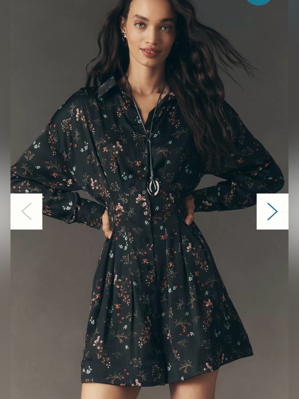 The Tobie Long-Sleeve Satin Mini Shirt Dress by Exquise 2X Black Floral NWT